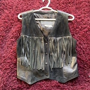 vintage leather beaded fringe vest w suede panel